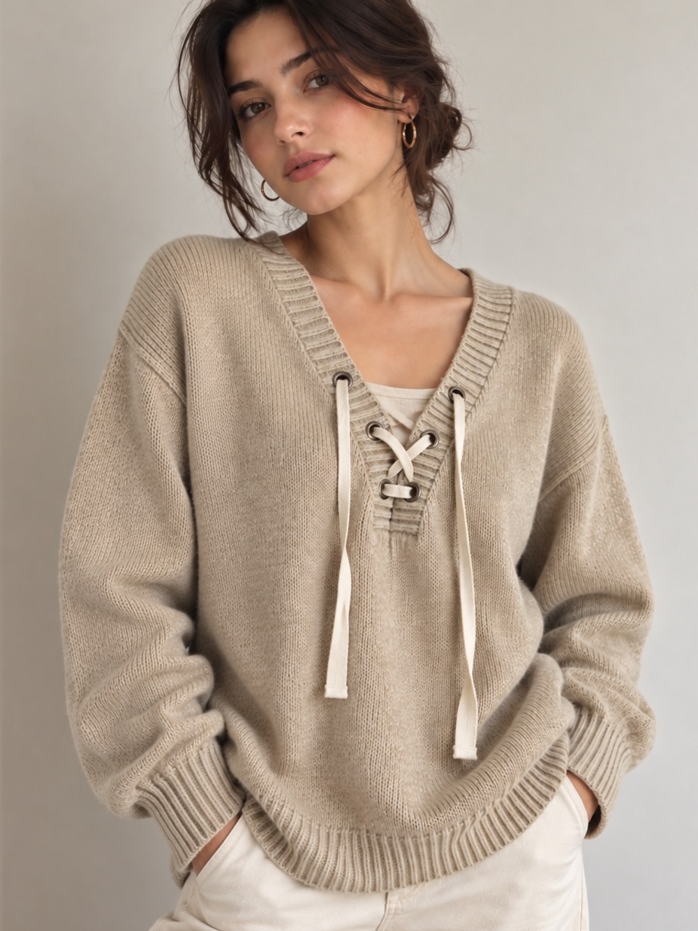 Gap Wool Linen Blend Lace-Up V-Neck Women's Sweater - Beige